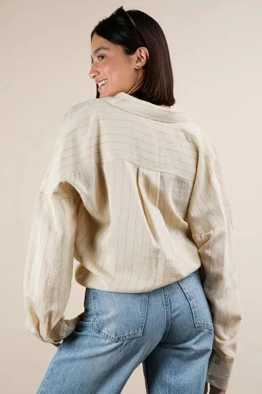 VERY J Oversized Striped Button Down Shirt Top for Women - Love Salve